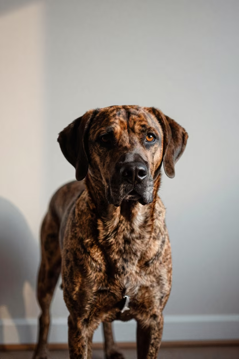 Plott Hound Portrait Beside Plaster Wall in beside a plain plaster wall in soft indoor light with the animal centered in frame near Espoo