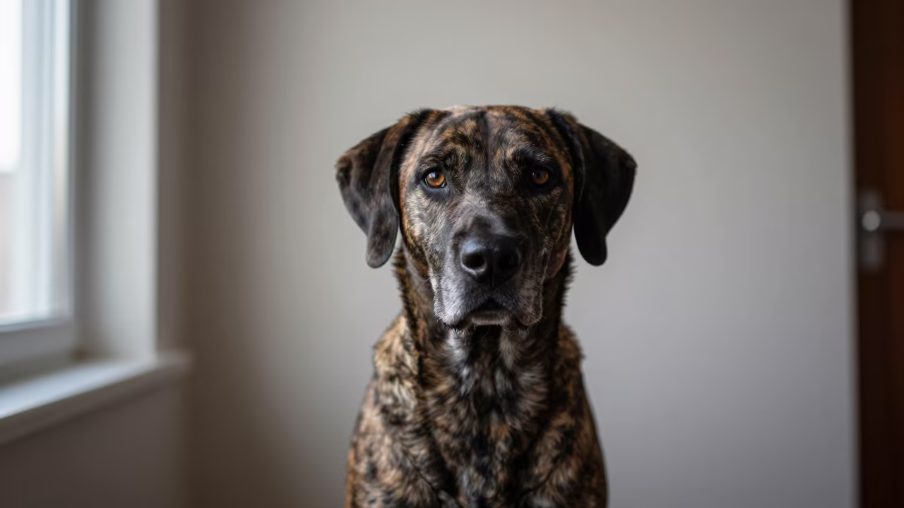 Plott Hound Portrait by Window in Ouagadougou in beside a plain plaster wall in soft indoor light with the animal centered in frame in Ouagadougou