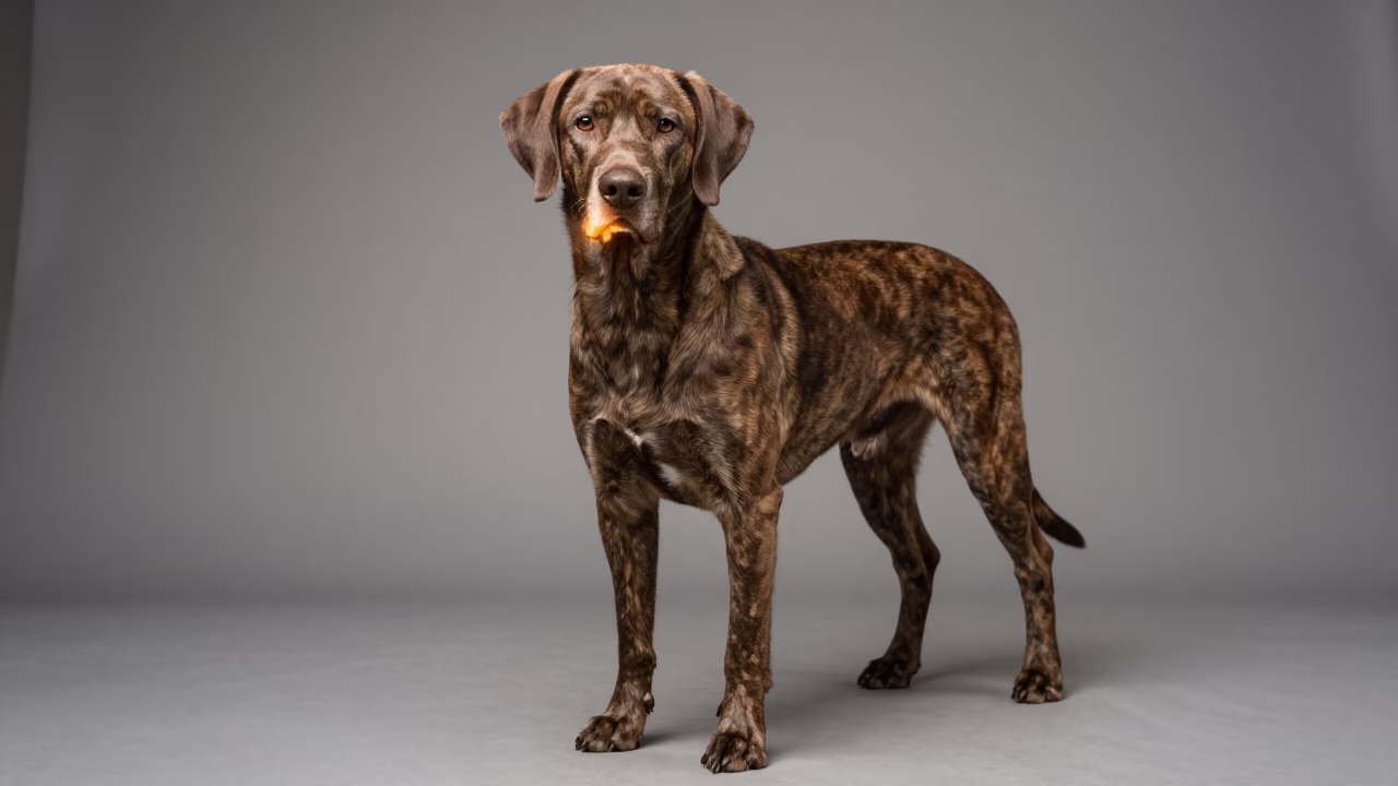 Plott Hound Portrait in Buffalo Studio Light in in a quiet portrait studio with a plain backdrop and eye-level framing in Buffalo