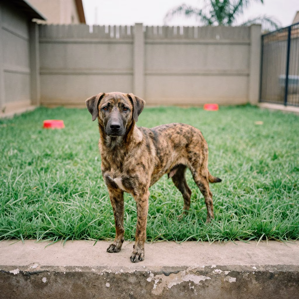 Plott Hound Portrait in Luanda Yard in in a small yard with clipped grass, calm light, and the animal centered in frame near Luanda