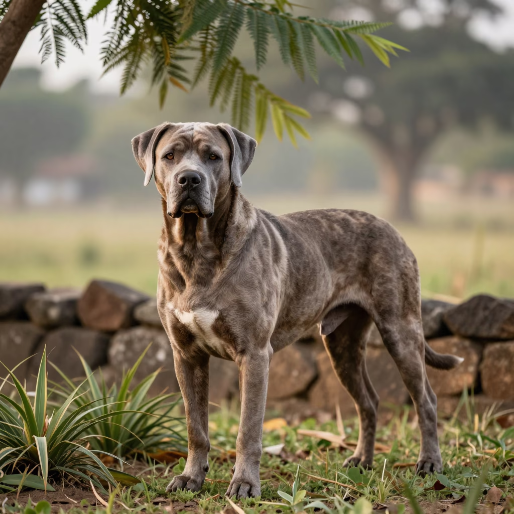 Plott Hound Portrait in Mbanza Kongo Garden Light in near a garden edge with soft morning light and an uncluttered background in M'banza-Kongo