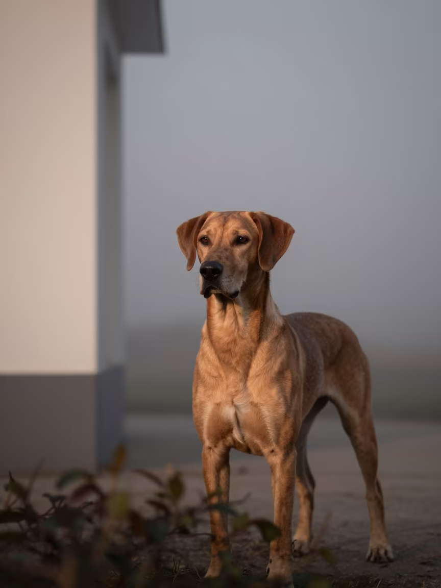 Plott Hound Portrait in Misty Harbin Garden Light in near a garden edge with soft morning light and an uncluttered background in Harbin