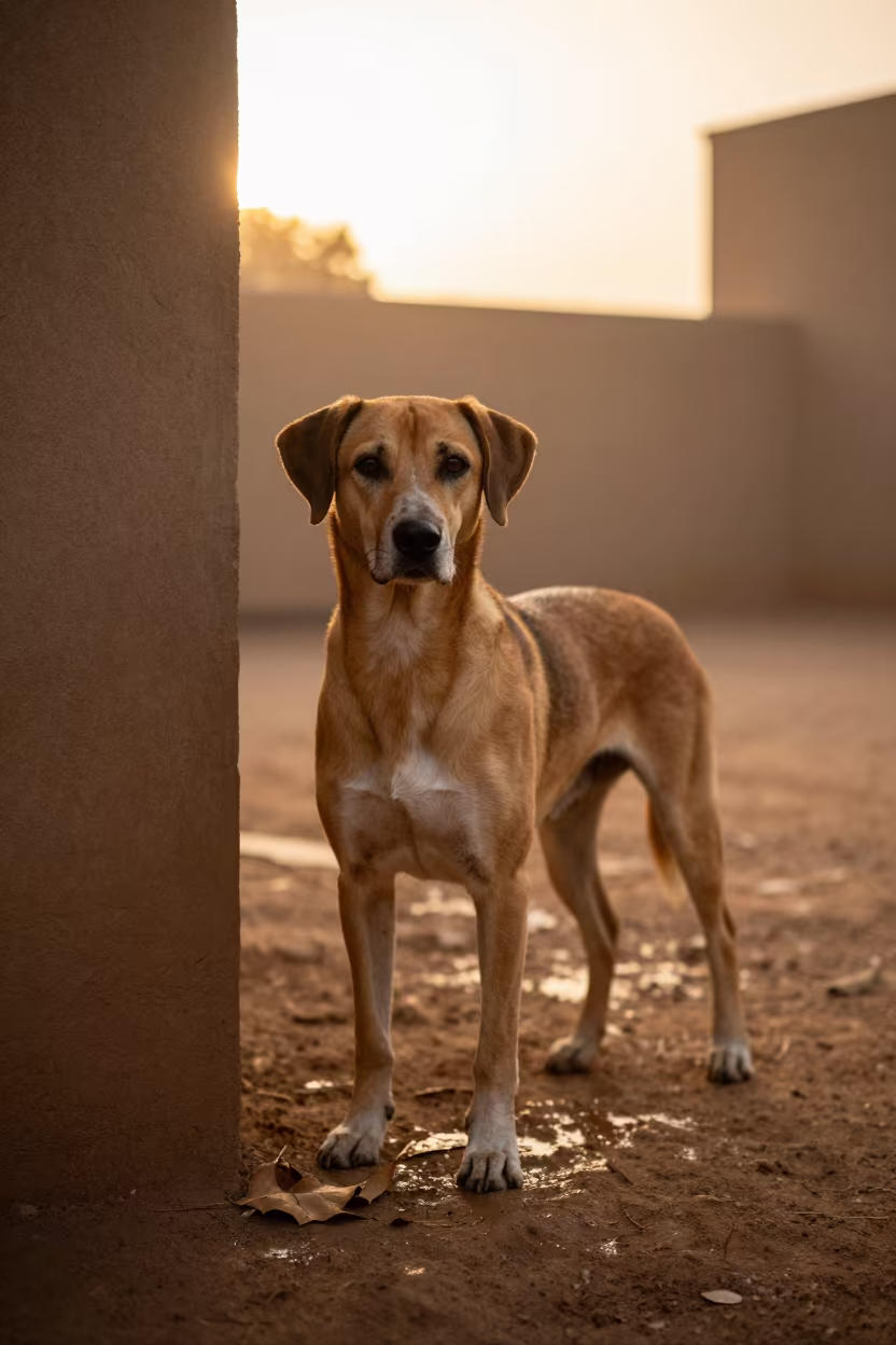 Plott Hound Portrait in Niamey Golden Hour in beside a plain courtyard wall in clear daylight with the animal at eye level near Niamey
