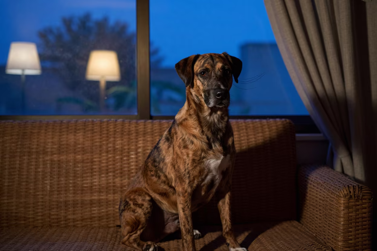 Plott Hound Portrait in Ségou Evening Light in on a sofa near a curtained window with calm indoor light in Ségou