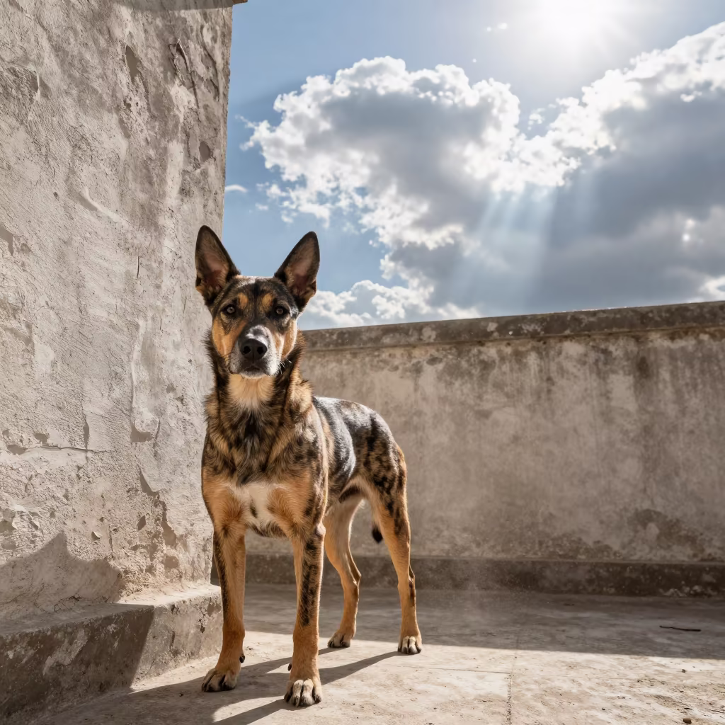 Plott Hound Portrait in Tonalá Courtyard in beside a plain courtyard wall in clear daylight with the animal at eye level in Tonalá