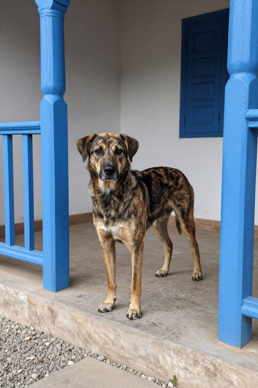 Plott Hound Portrait on Udaipur Shaded Porch in on a shaded front porch with boards, railings, and eye-level framing in Udaipur