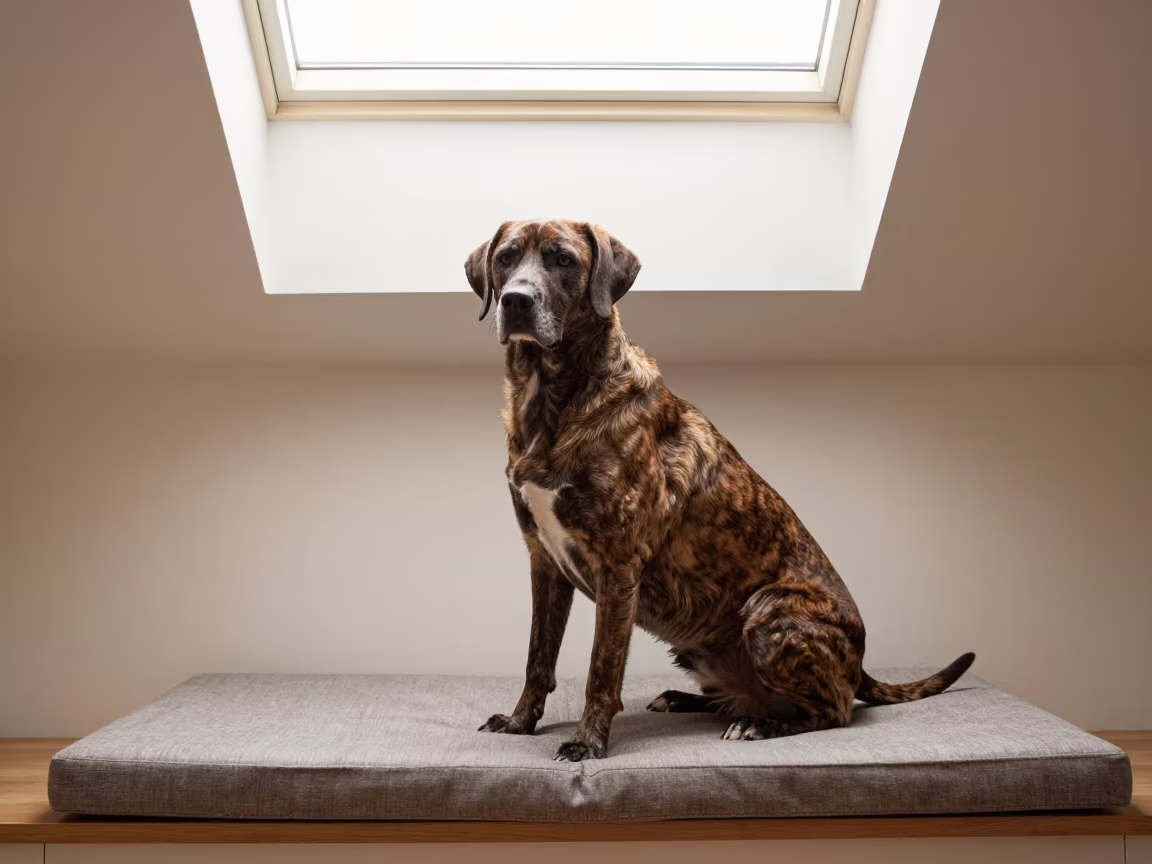 Plott Hound Portrait on Window Seat in Mangalore in on a cushioned window seat with soft side light and an uncluttered background in Mangalore