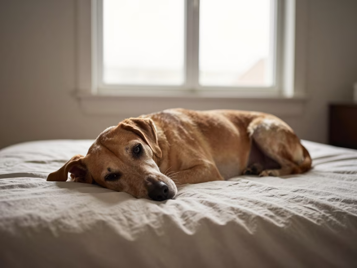 Plott Hound Resting on Bedspread in Conakry Room in on a bedspread near a bright window with calm indoor light in Conakry