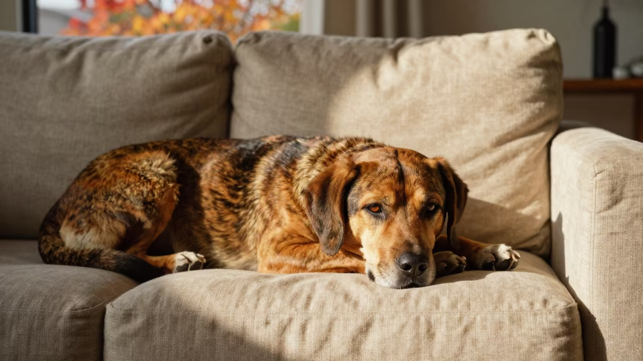 Plott Hound Resting on Linen Sofa in Seoul in on a linen sofa with daylight from a nearby window in Ikseon-dong, Seoul