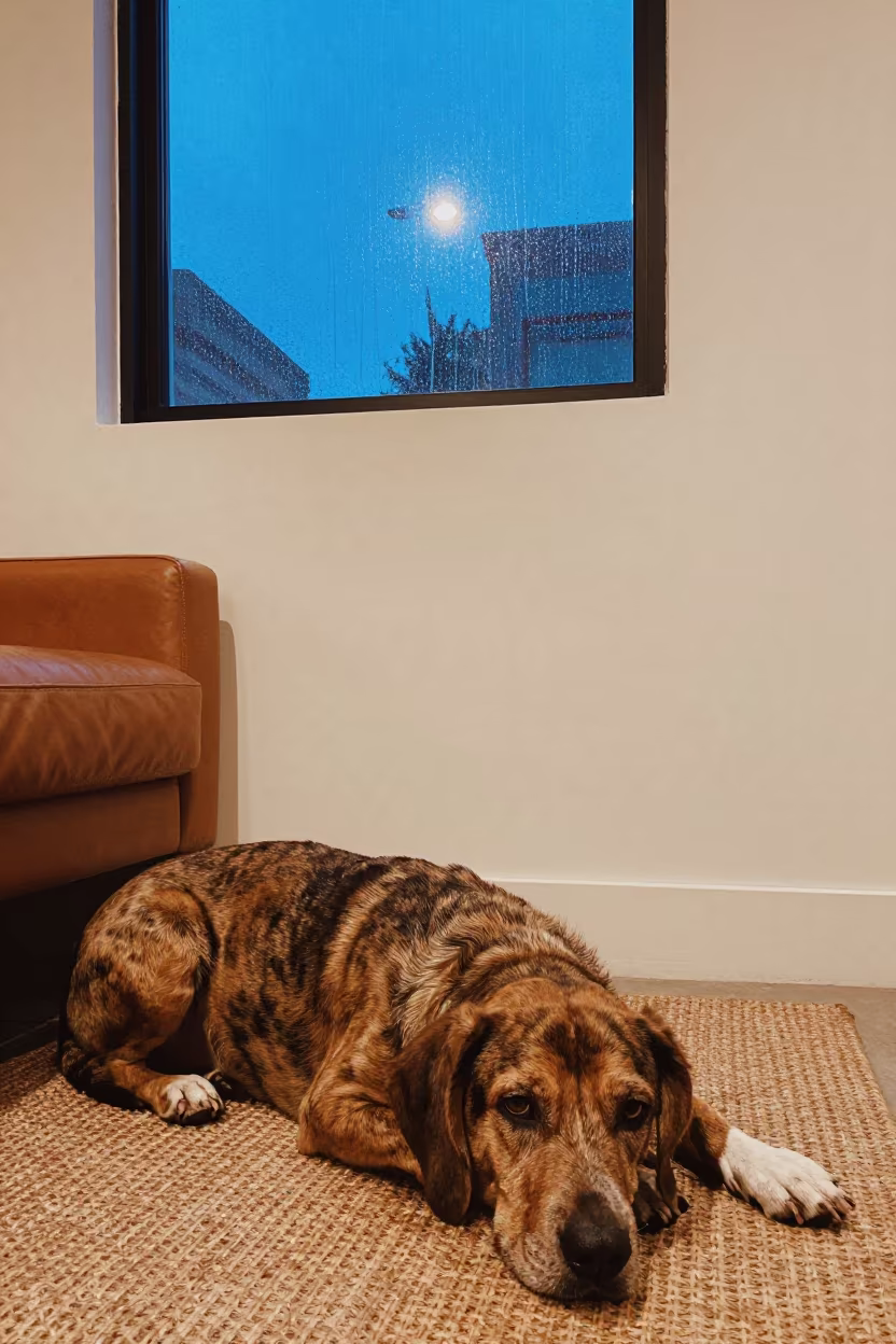 Plott Hound Resting on Woven Rug in Panama City Home in on a woven rug beside a low couch and an uncluttered wall near Panama City