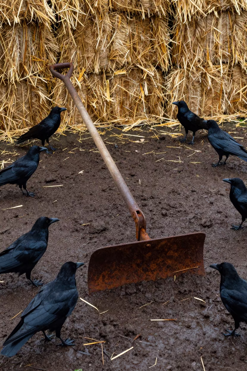 Plow Amid Crows and Dark Soil Catalonia in beside stacked hay bales in Catalonia