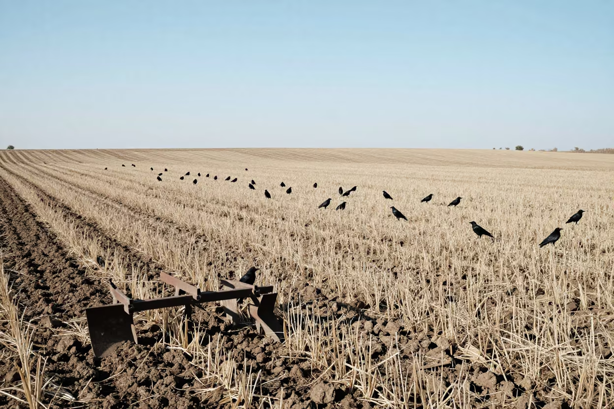 Plow in Late Autumn Field with Crows in across a harvested grain field near Eskişehir