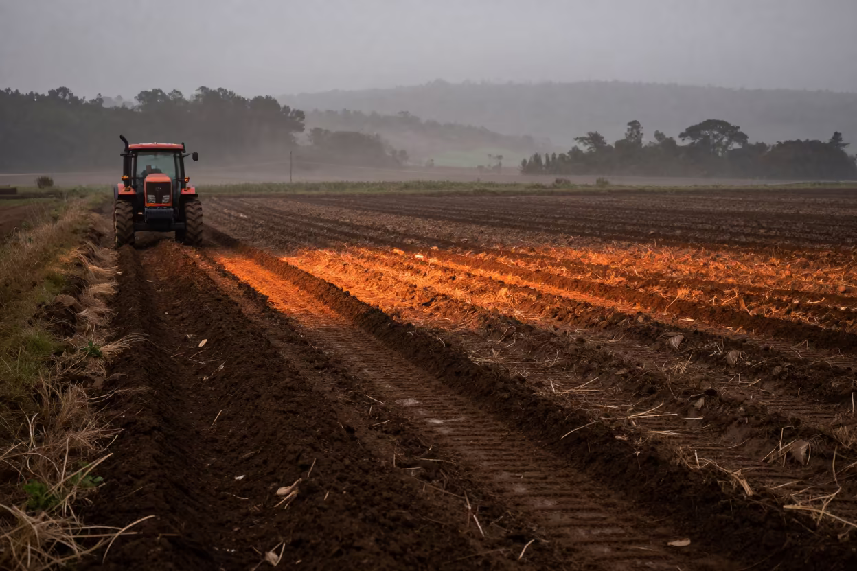 Plowshare Glowing in Copper Light Before Dusk in beside a tractor track through dark soil near Medellin