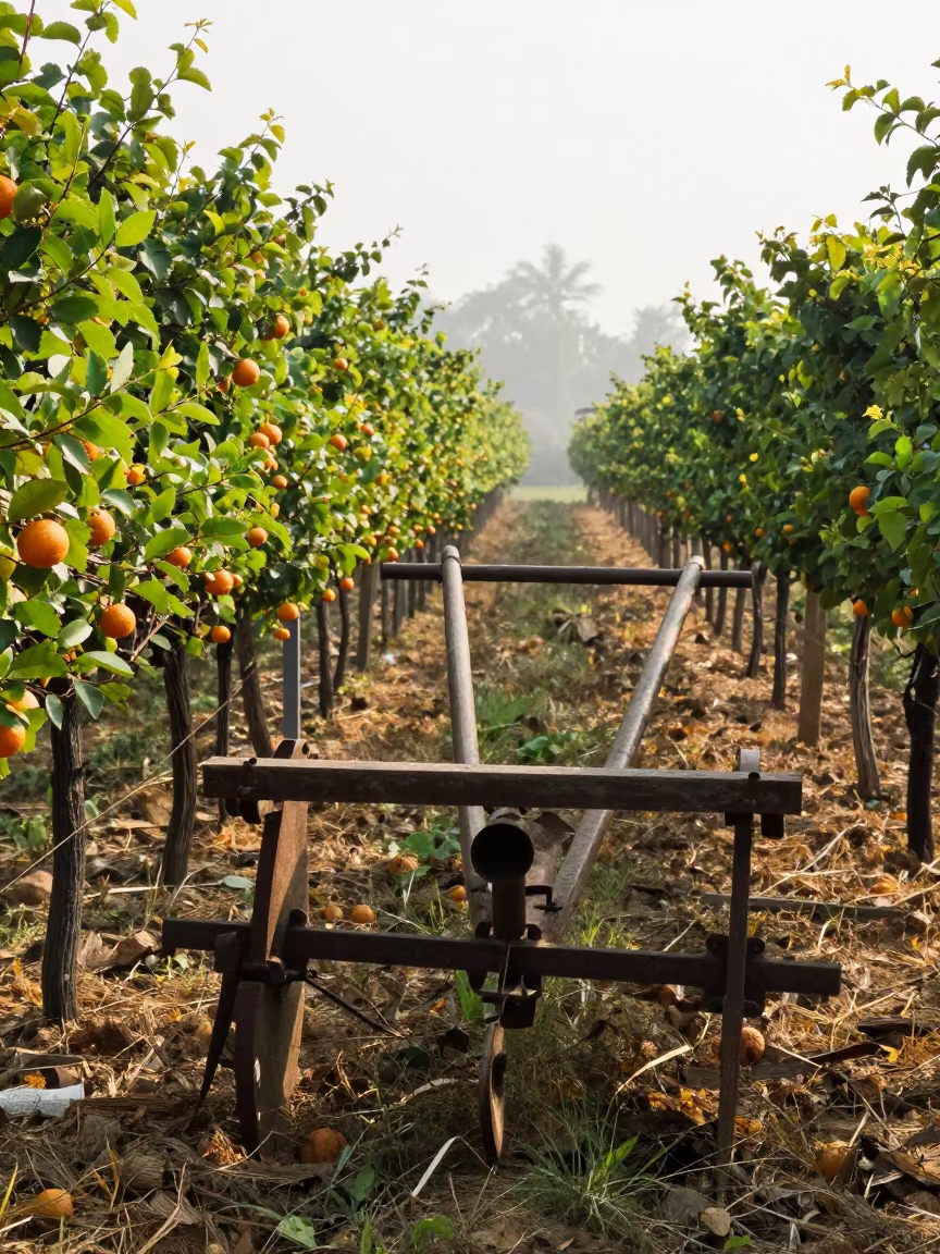 Plowshare Glowing in Late Summer Vineyard Light in between vineyard trellises near Agra
