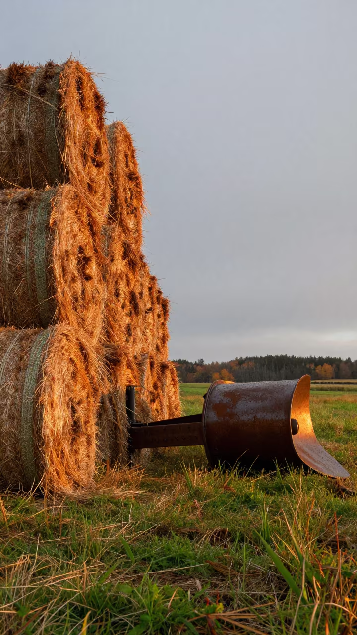Plowshare Catching Golden Light Near Hay Bales in beside stacked hay bales in Newfoundland