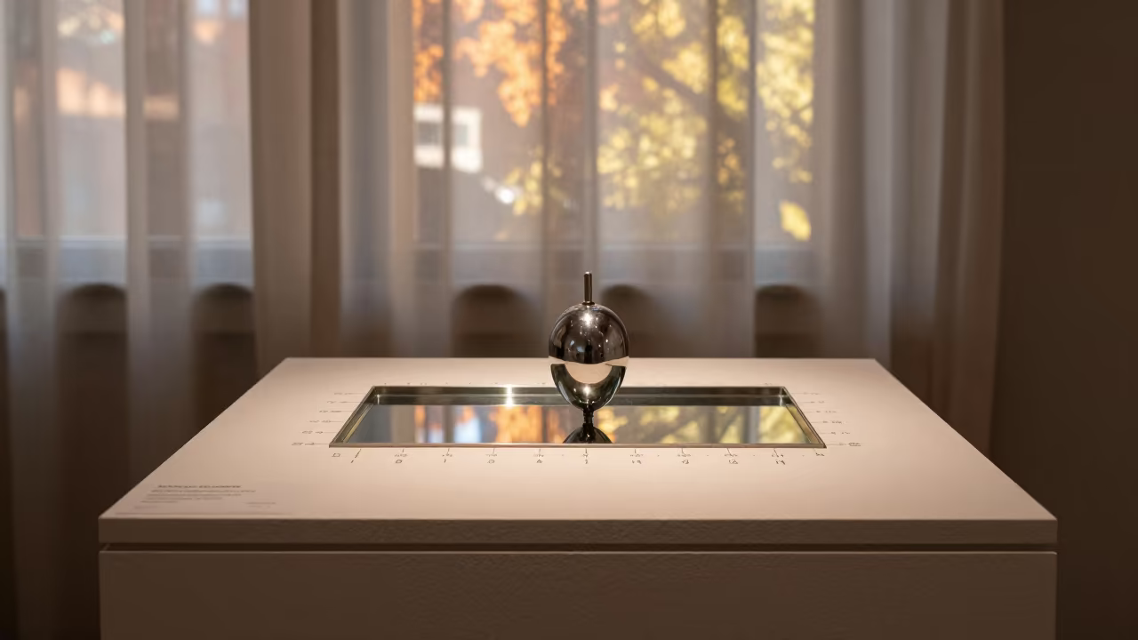 Plumb Bob on Numbered Tray in Red Hook in on a museum plinth in Red Hook, New York