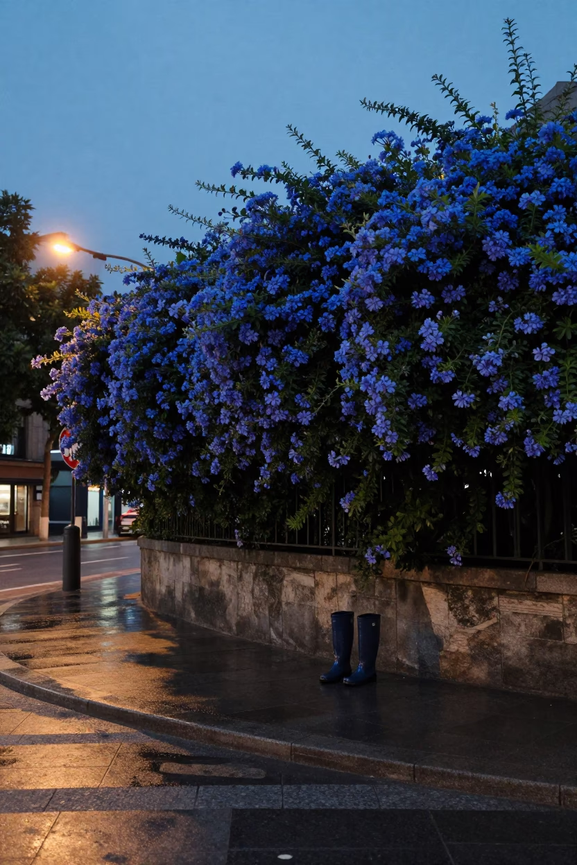 Plumbago Hedge in Bilbao at Indigo Twilight After Sunset in in Bilbao, Spain