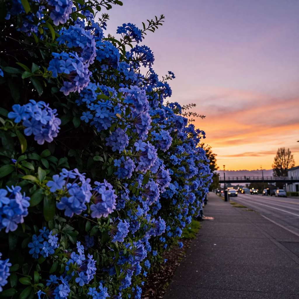 Plumbago Hedge in Cornflower Blue at Sunset in Portland Oregon Street Scene in in Portland, Oregon, United States