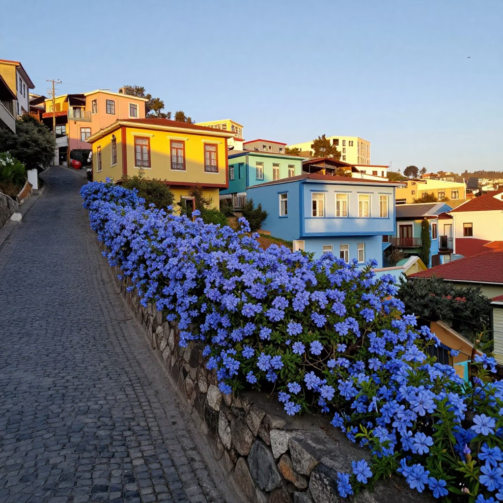Plumbago Hedge in Valparaiso at As First Light Reaches The Scene in in Valparaiso, Chile