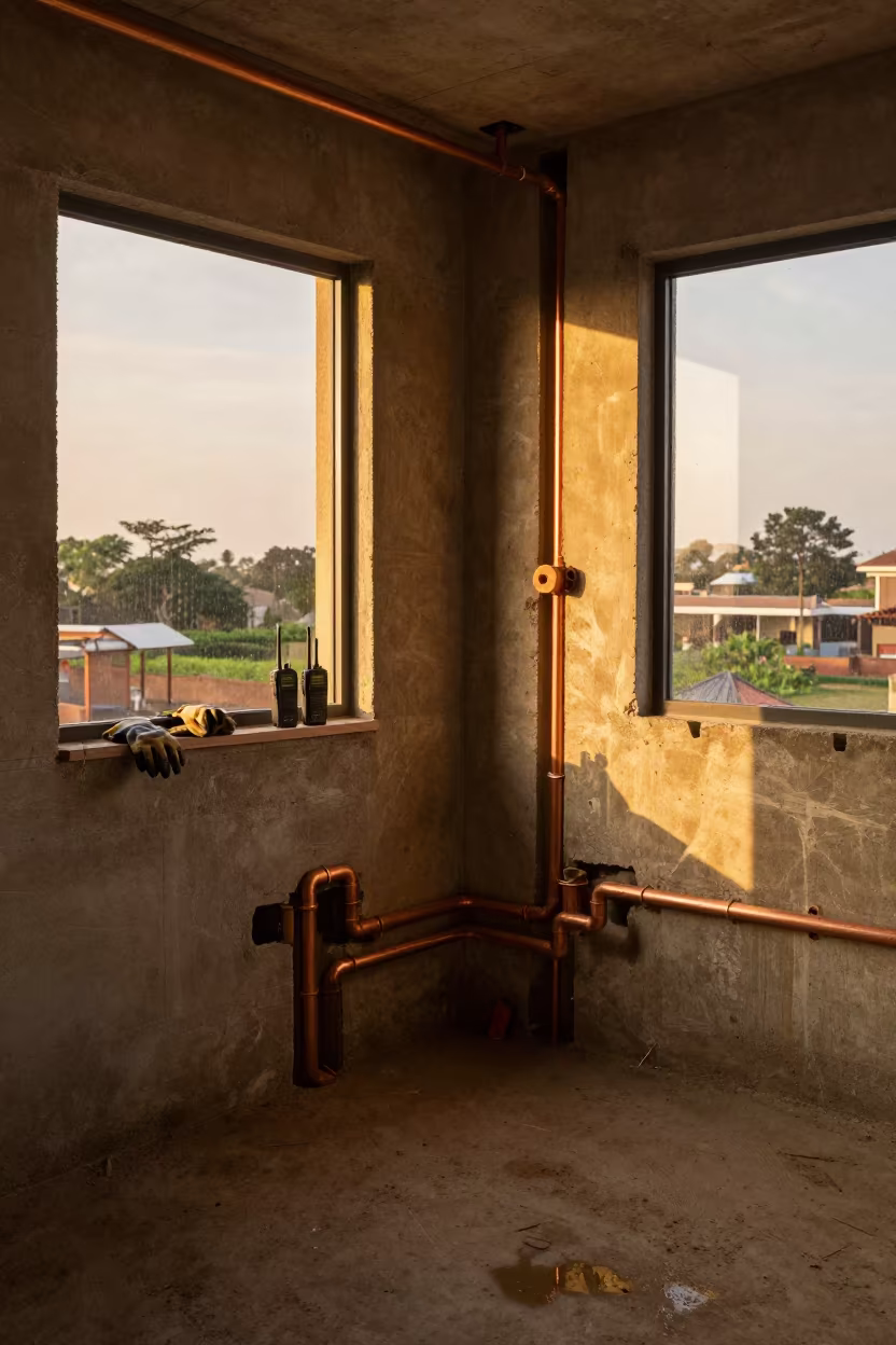 Plumbing Rough-In Site at Sunset in Brazzaville in in a renovation zone under temporary light in Brazzaville