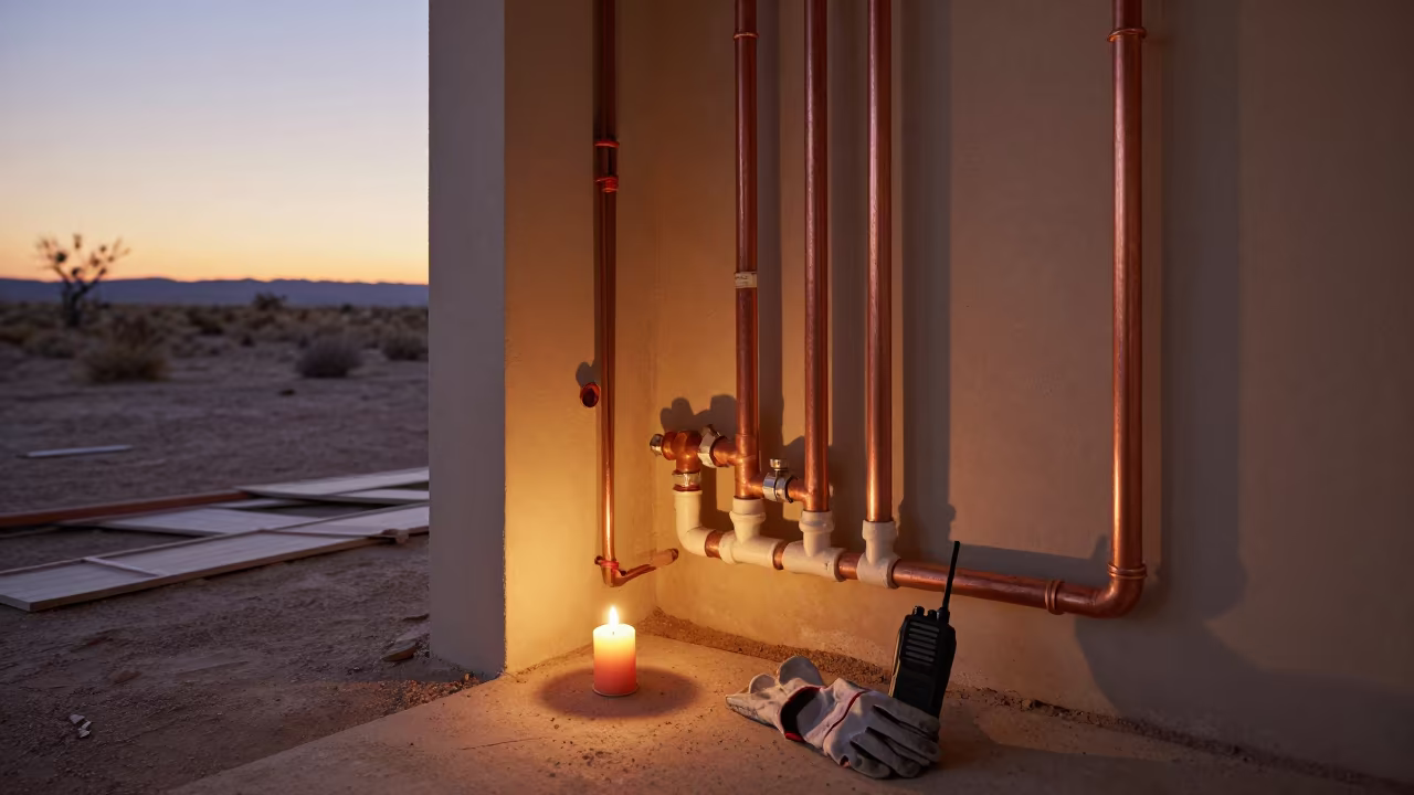 Plumbing Rough-in at Sunset in Lakota Dry Season in at a drywall staging area near Lakota