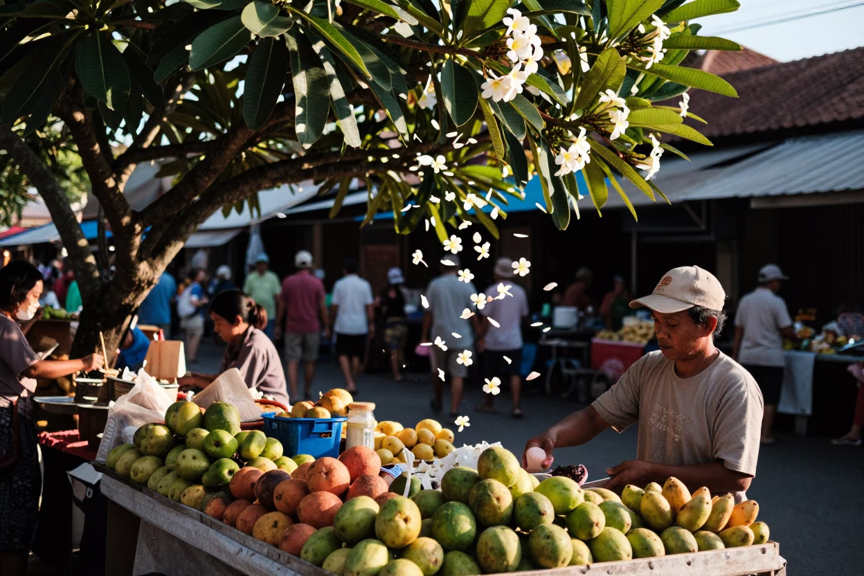 Plumeria Petals Drifting Over Balinese Market Stall in Late Afternoon Denpasar in in Denpasar, Indonesia