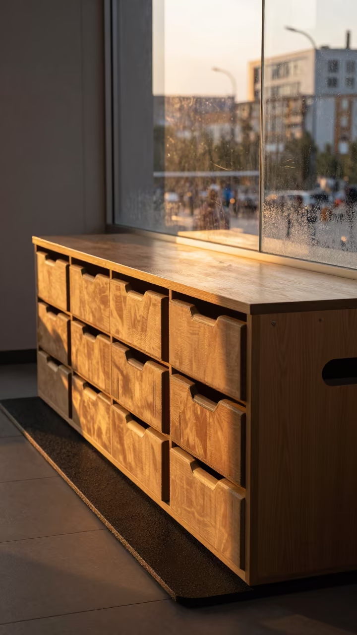 Plyo Box Grip Tape Drawer Evening Light in at a gym check-in desk in Pyongyang