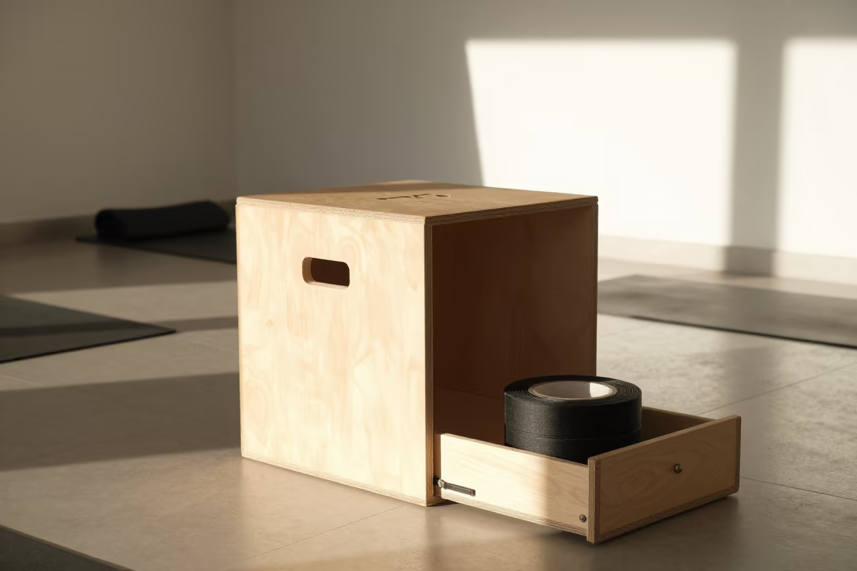 Plyo Box Grip Tape Drawer in Winter Studio in inside a yoga studio before the session begins near Nador
