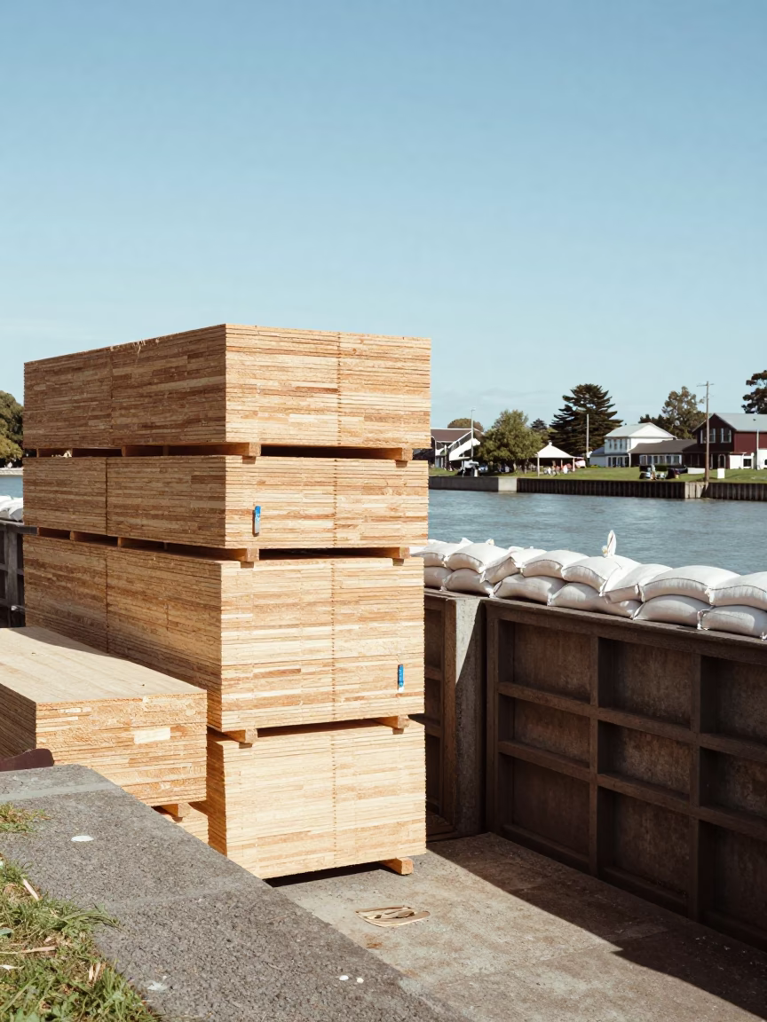 Plywood Stacks in Christchurch at The Flat Glare Of Noon Light in in Christchurch, New Zealand