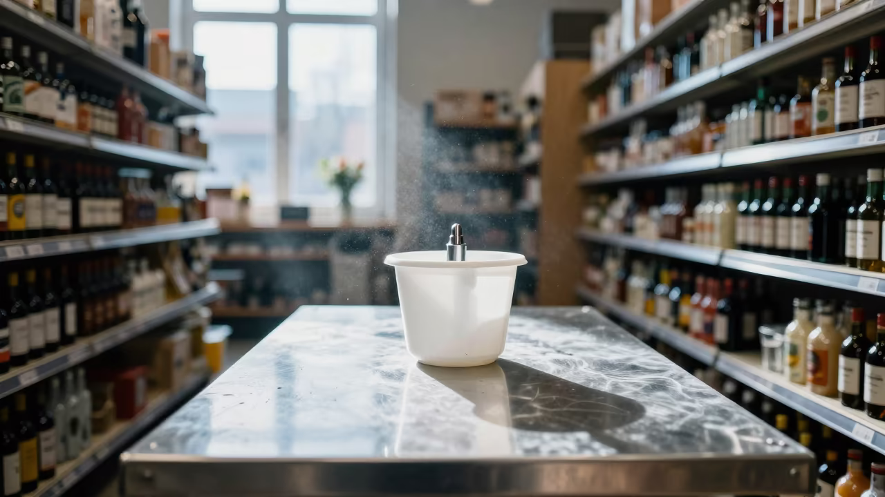Plzeň Produce Mist Nozzle Filter Cup in Winter Retail Aisle in inside a bright retail aisle in Plzeň