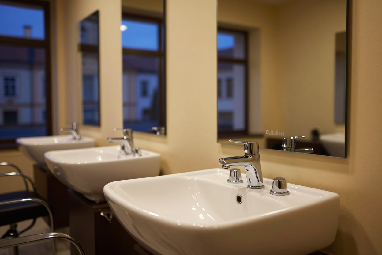 Plzen Salon Sink at Twilight Blue Hour in inside a salon row in Plzeň