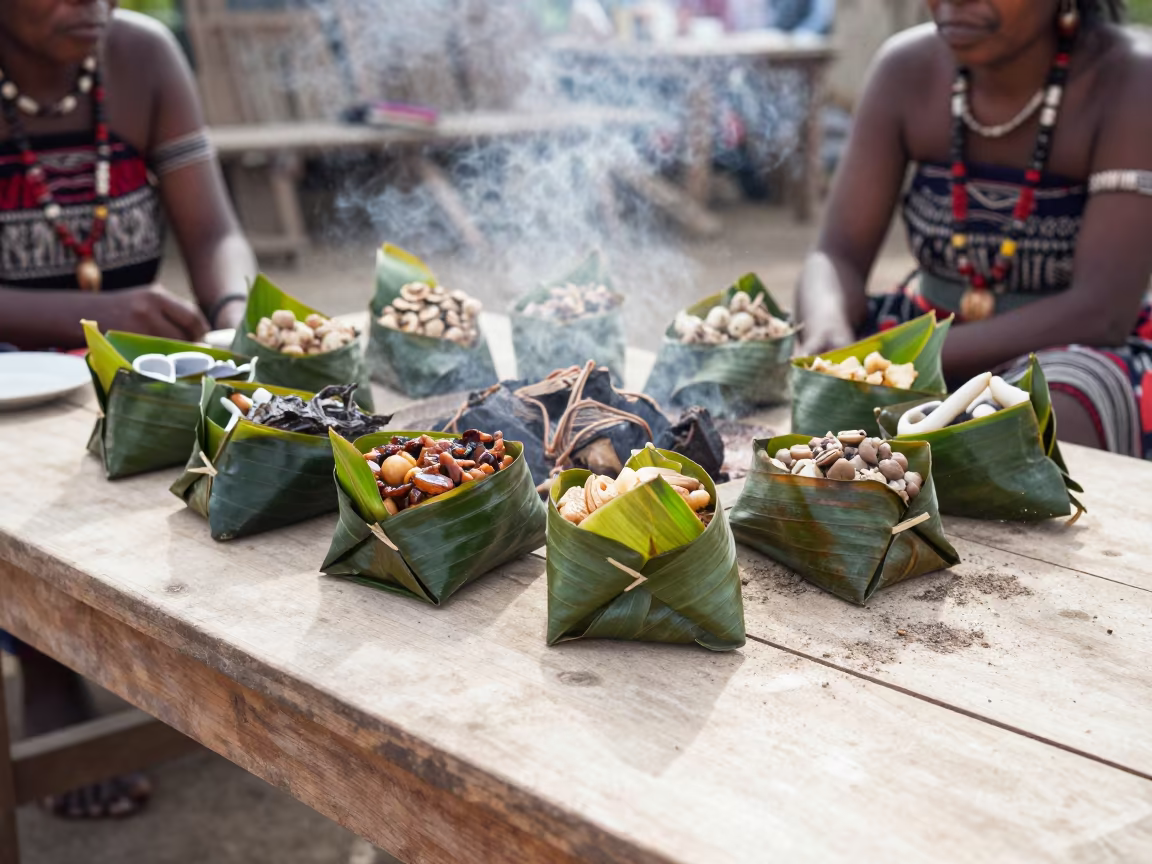 Papua New Guinean Mumu Feast on Dusty Bursa Table in on a dusty library table in Bursa