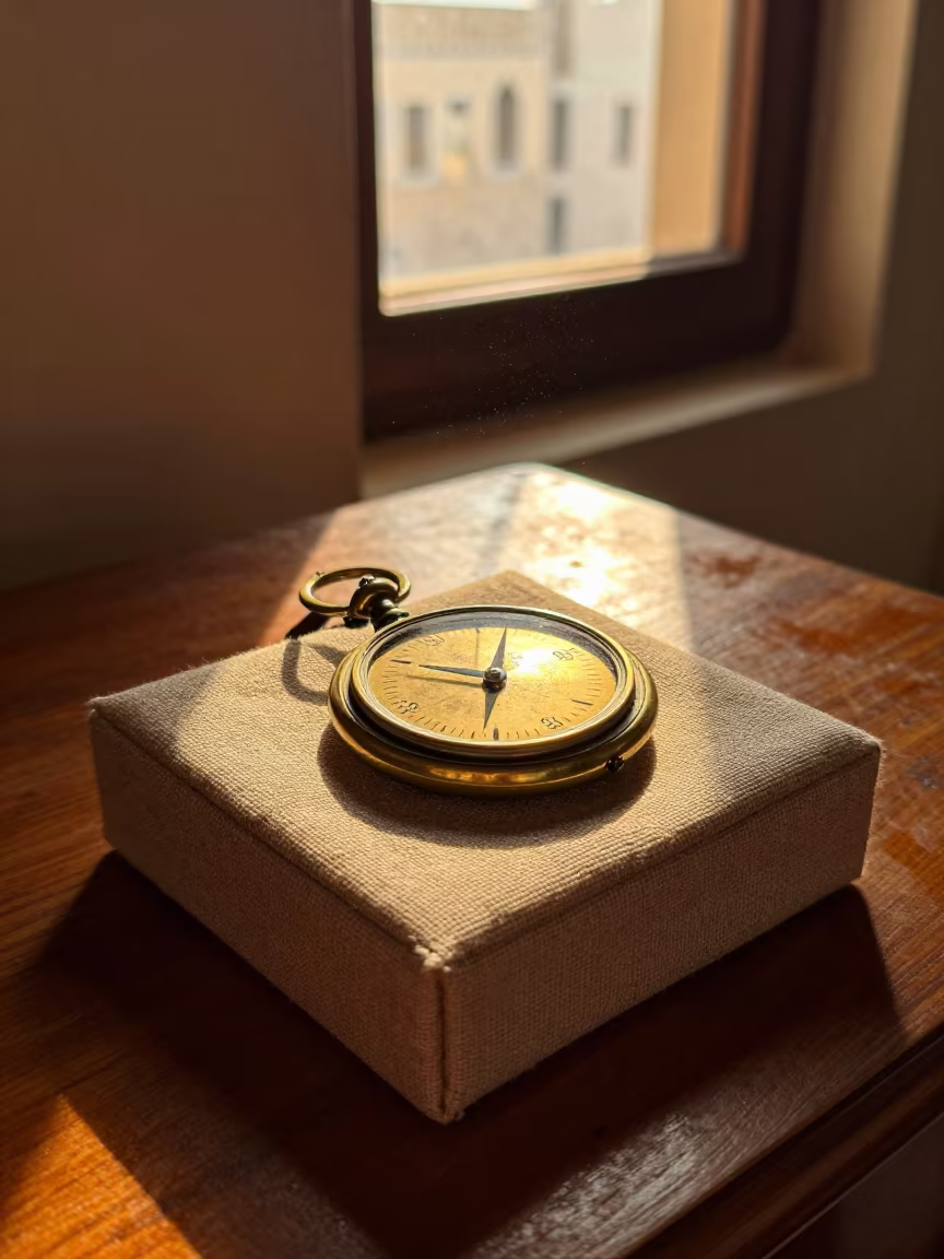 Pocket Sundial on Linen Box Sana'a Sunset in on a bedside table in Sana'a