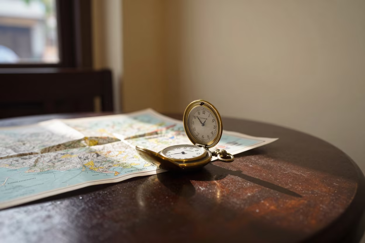 Pocket Watch and Map Fragments on Mahogany Table in on a cafe table by a window in Can Tho