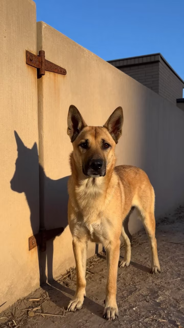 Podengo Dog in Tehran Courtyard Blue Hour in beside a plain courtyard wall in clear daylight with the animal at eye level near Tabiat Bridge, Tehran