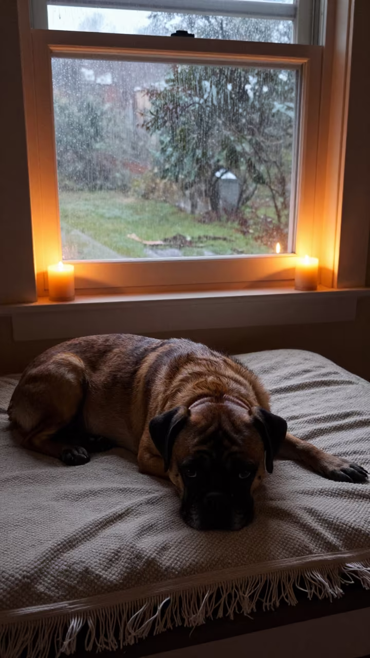 Podengo Dog Resting on Bedspread Near Window in on a bedspread near a bright window with calm indoor light near Mancherial