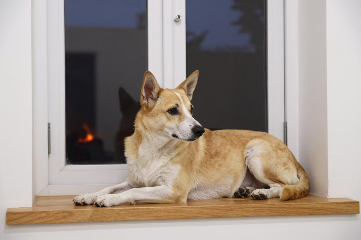 Podengo Dog Resting on Window Seat in on a window seat in a quiet apartment with soft side light in Semarang