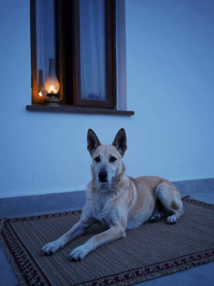 Podengo Dog Resting on Woven Rug Twilight in on a woven rug beside a low couch and an uncluttered wall near Ashgabat