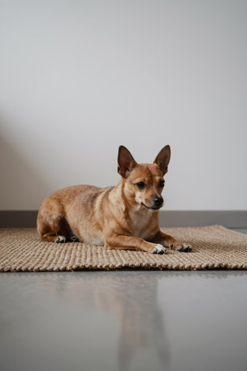 Podengo Pequeno Dog Resting on Rug in on a woven rug beside a low couch and an uncluttered wall near Zhengzhou