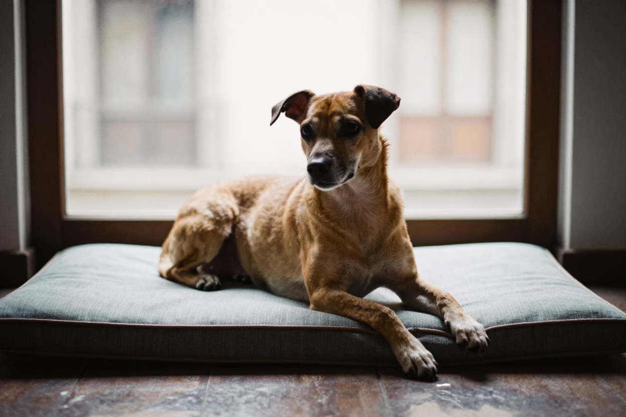Podengo Pequeno Portrait on Window Seat Near Mexico City in on a cushioned window seat with soft side light and an uncluttered background near Mexico City