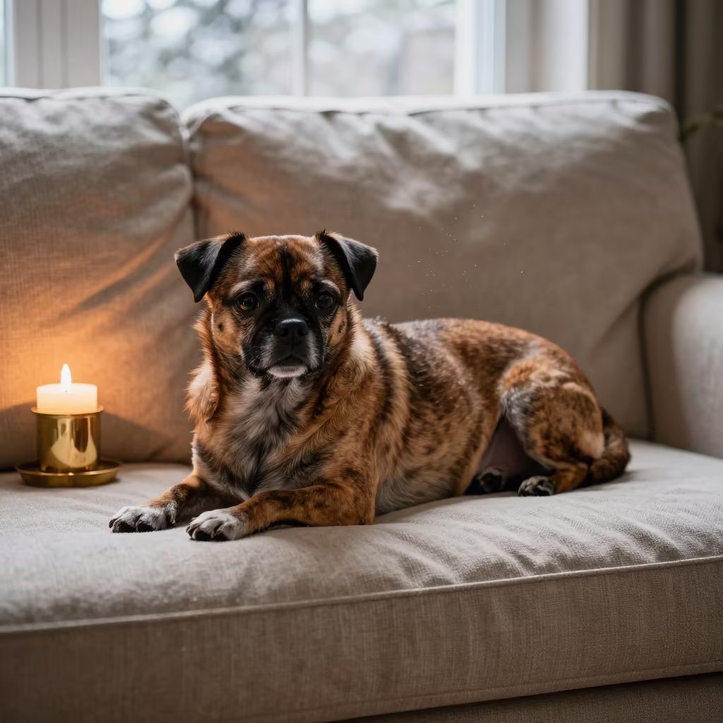 Podengo Pequeno Resting on Linen Sofa in Winter Light in on a linen sofa with daylight from a nearby window in Almaty
