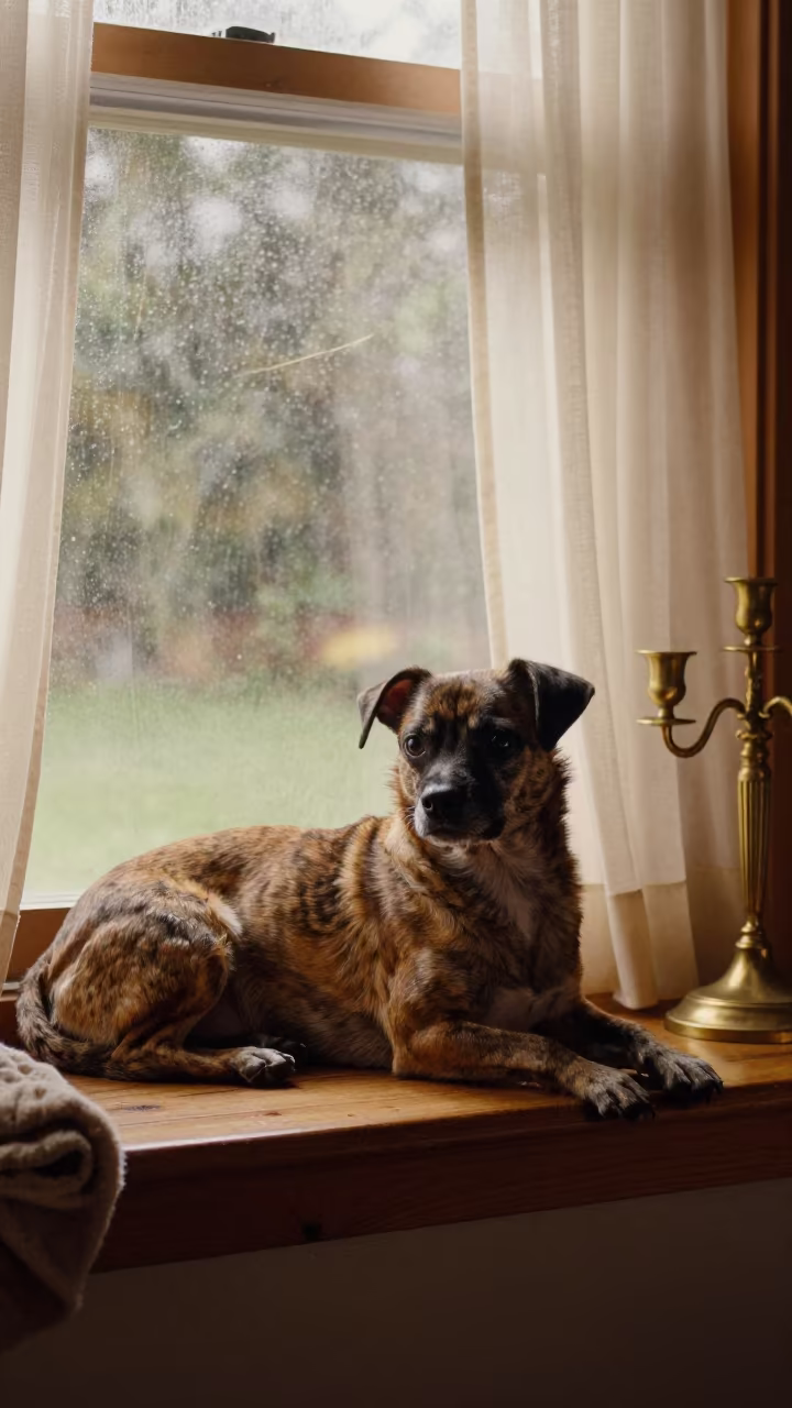 Podengo Pequeno Resting on Window Seat Morning Light in on a window seat in a quiet apartment with soft side light in Santiago de Querétaro