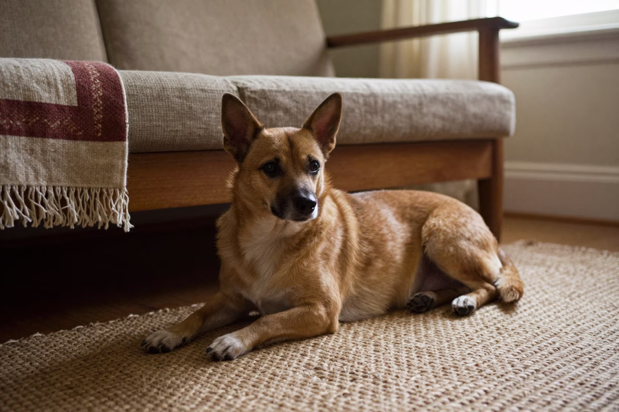 Podengo Pequeno Resting on Woven Rug in Ujjain Home in on a woven rug beside a low couch and an uncluttered wall in Ujjain