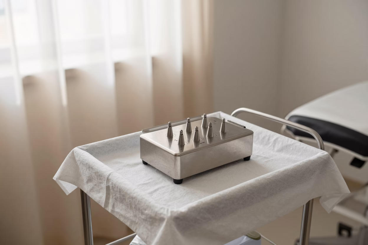Podiatry Sterilizer Cup On Linen Cart Bay in along a linen cart bay outside treatment rooms near Elche