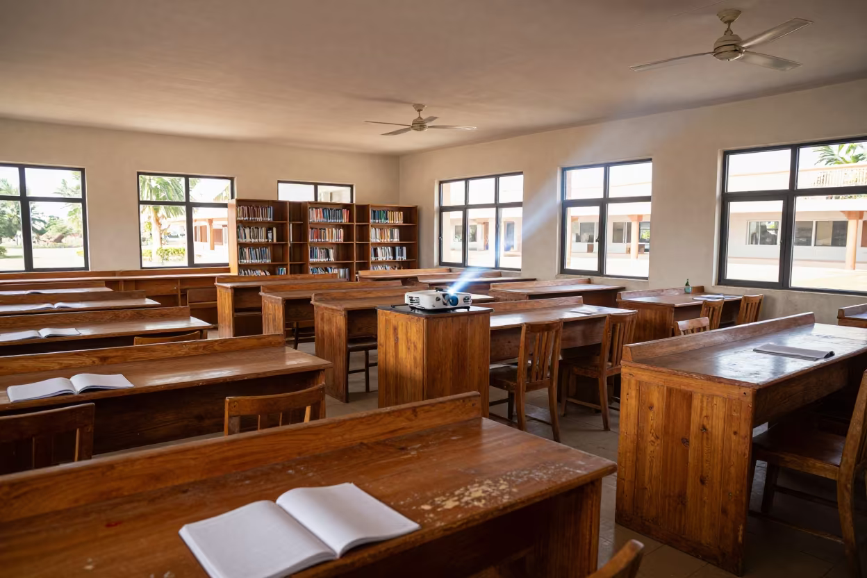 Podium in Antananarivo Library Late Morning Light in inside a campus library reading room in Antananarivo