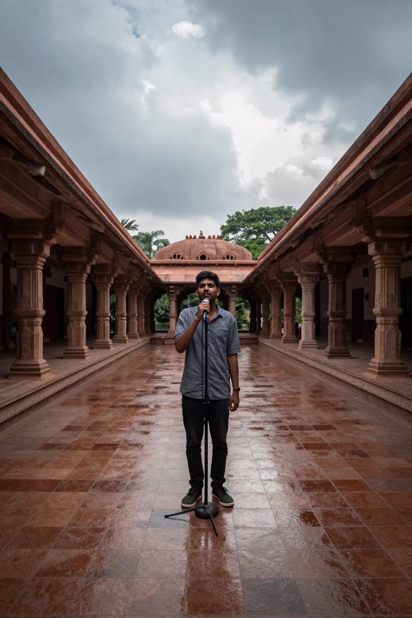 Poet in Dindigul Stair Hall Wet Season Light in inside a tiled stair hall in Dindigul