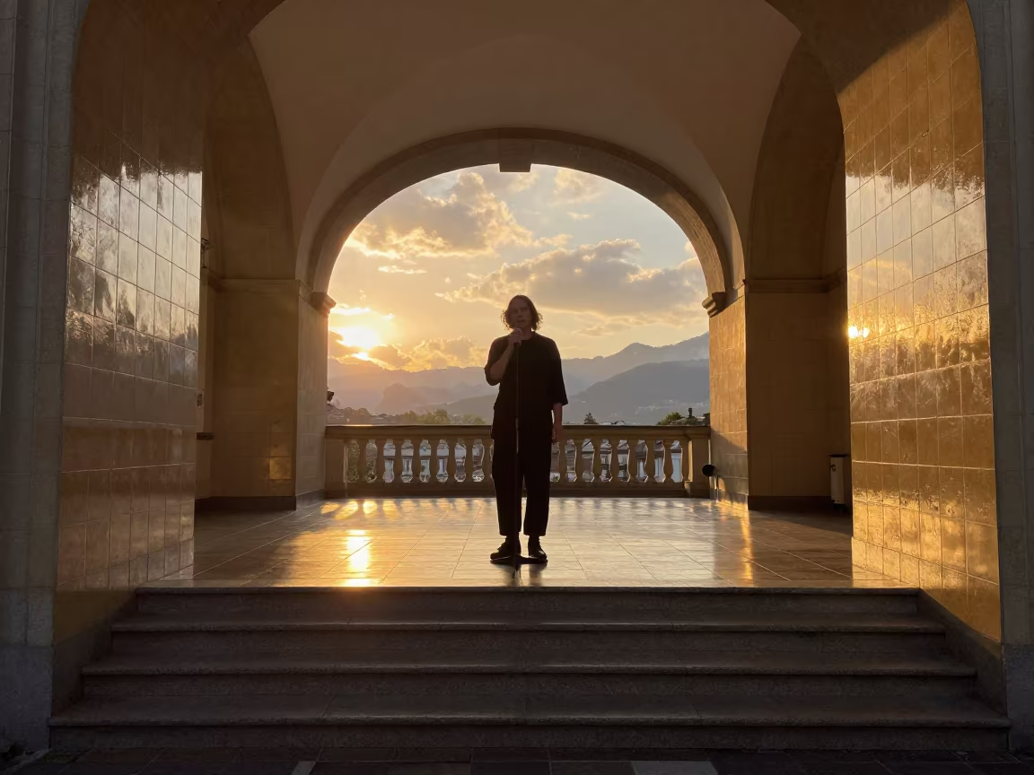 Poet at Microphone in Lucerne Tiled Hall in inside a tiled stair hall near Lucerne