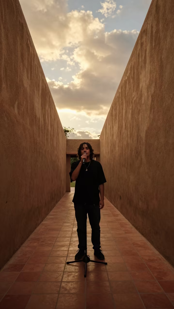 Poet at Microphone in Tlaquepaque Skylit Passageway in inside a skylit passageway near Tlaquepaque