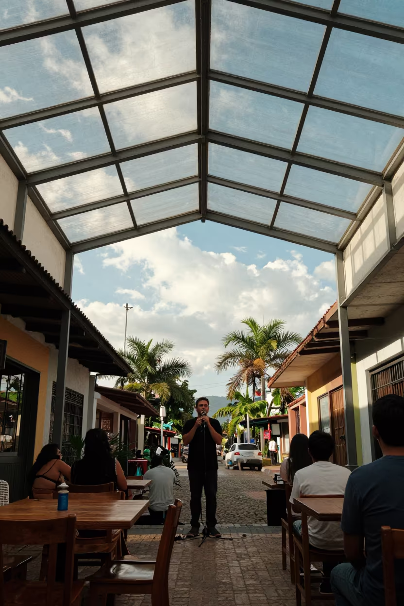Poet Performing in Ibagué Glass Arcade in inside a glass-roofed arcade in Ibagué