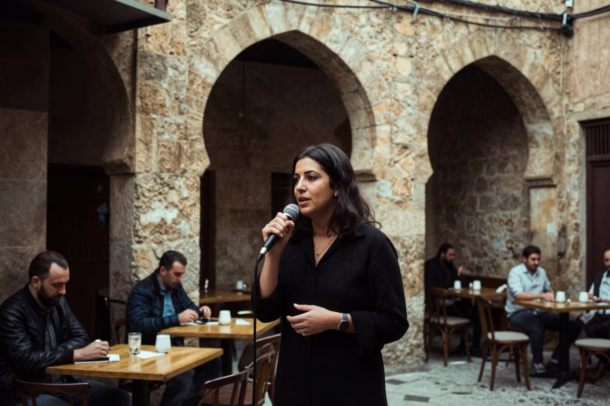Poet Speaking Microphone Skylit Passageway Fez in inside a skylit passageway near Fez el-Bali, Fez